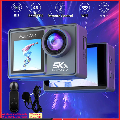 Dual IPS Touch LCD Waterproof Sport Camera With Wireless Mic & Pre Recording